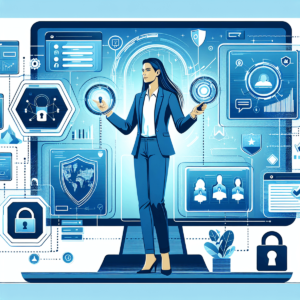 Una mujer caucásica segura de sí misma que gestiona múltiples tareas en una gran pantalla de ordenador, navegando por un entorno virtual lleno de símb