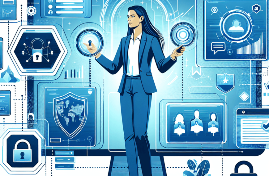 Una mujer caucásica segura de sí misma que gestiona múltiples tareas en una gran pantalla de ordenador, navegando por un entorno virtual lleno de símb